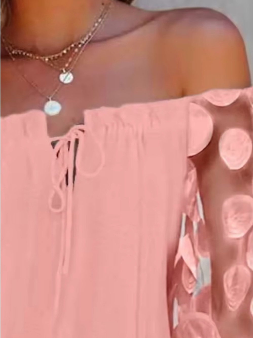 Free People Blush Pink Off-Shoulder Dot-Sleeve Blouse - Picture 2 of 5